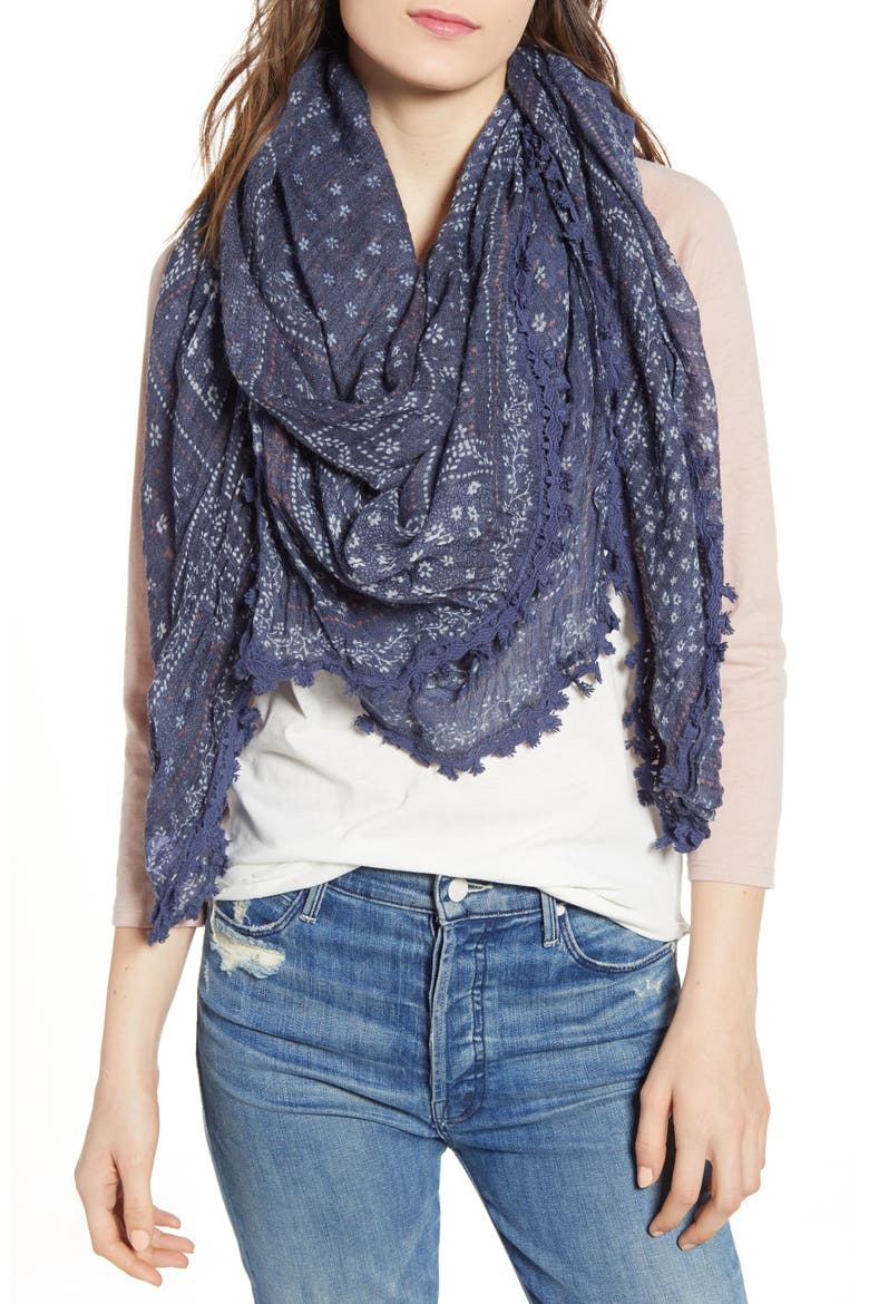 Print Gauze Scarf, Main, color, BLUE BANDANA MIX