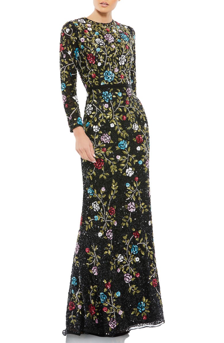 Mac Duggal Floral Embellished Long Sleeve Gown, Main, color, Black Multi