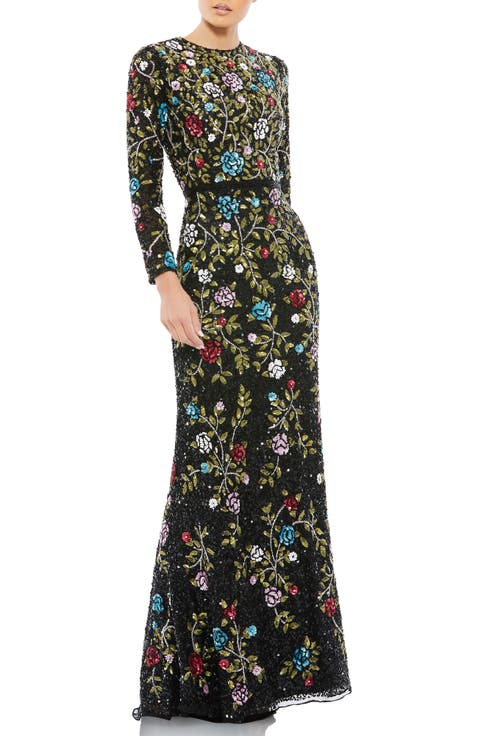 Floral Embellished Long Sleeve Gown