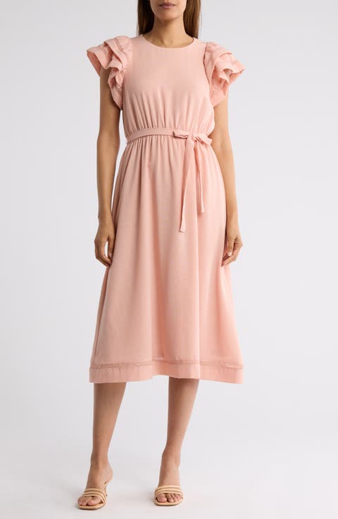 Double Ruffle Flutter Sleeve Fit & Flare Midi Dress