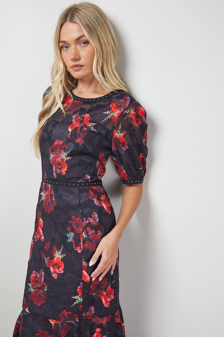 Floral Stud Trim Puff Sleeve Midi Dress, Alternate, color, Floral
