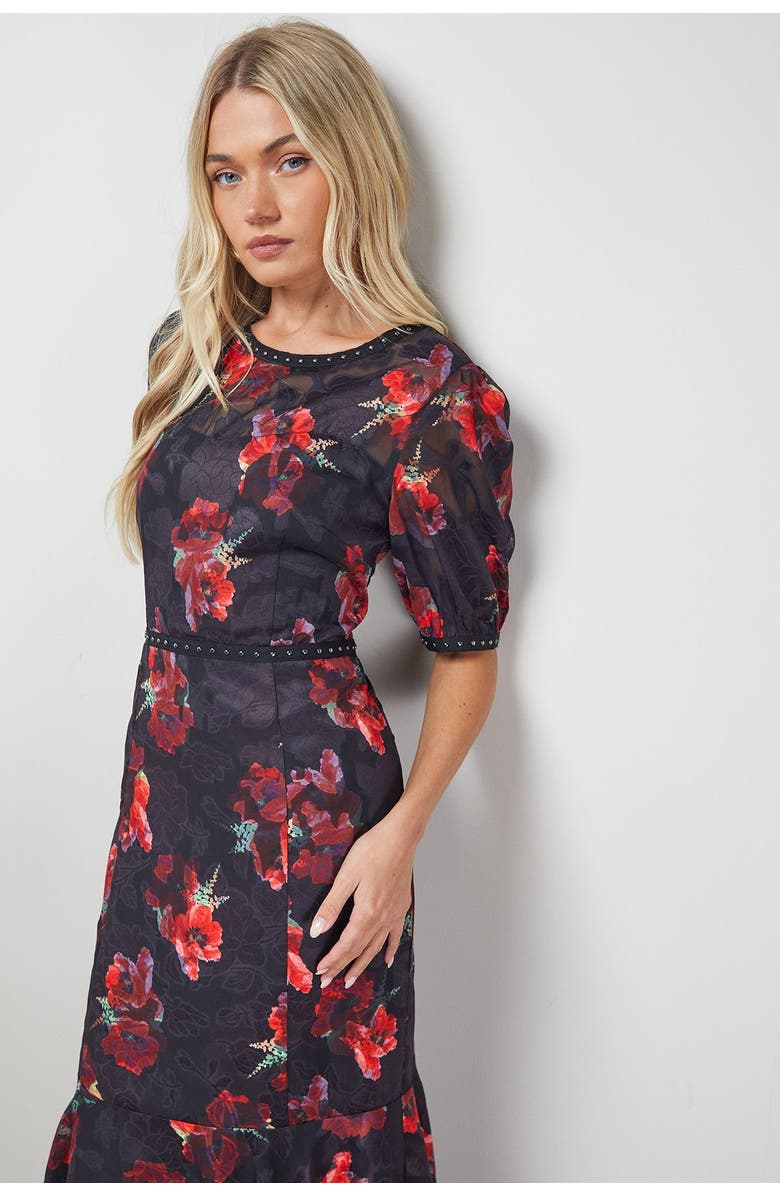 Oasis Floral Stud Trim Puff Sleeve Midi Dress, Alternate, color, Floral
