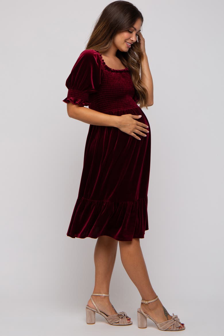 Velvet Smocked Puff Sleeve Dress, Alternate, color, Burgundy