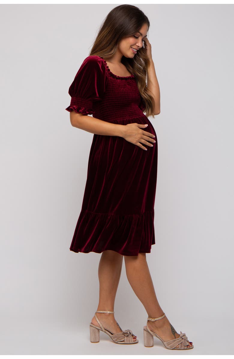 PinkBlush Velvet Smocked Puff Sleeve Dress, Alternate, color, Burgundy