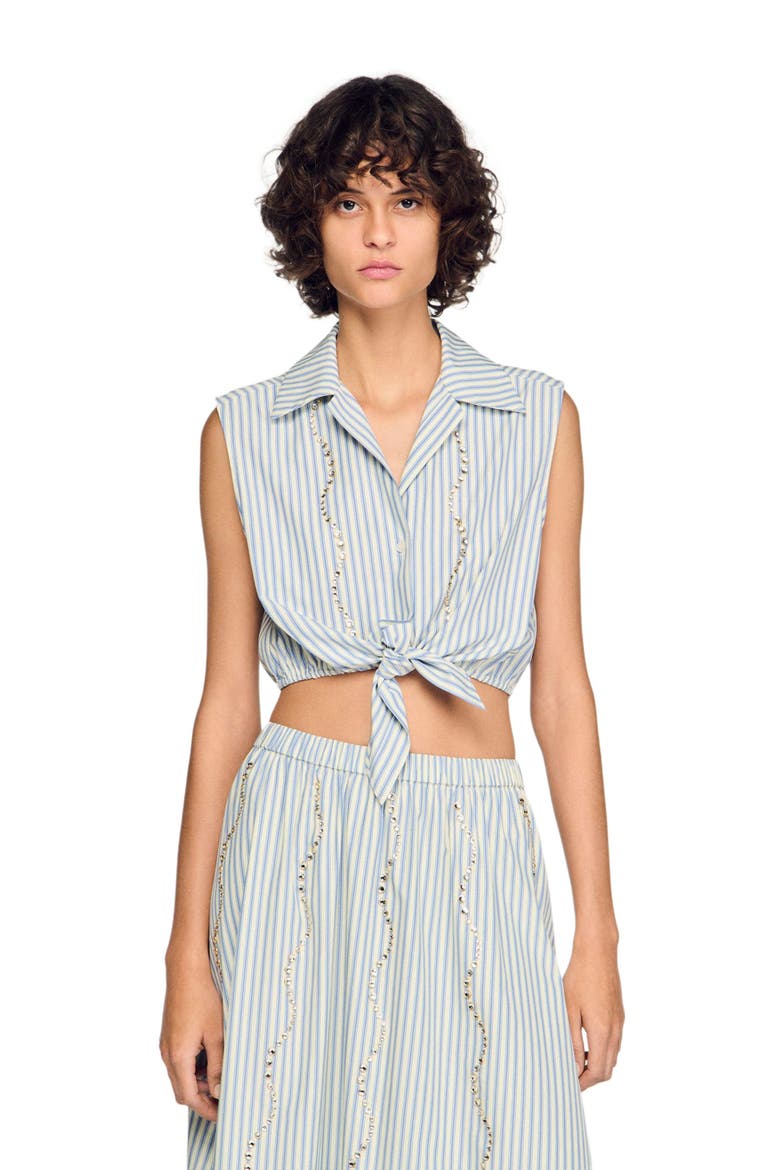 Cropped striped rhinestone shirt, Main, color, Blue