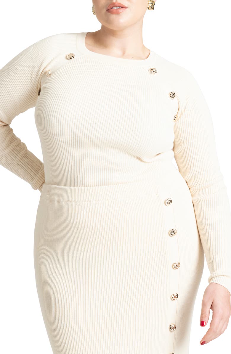 ELOQUII Button Trim Rib Cotton Sweater, Main, color, 