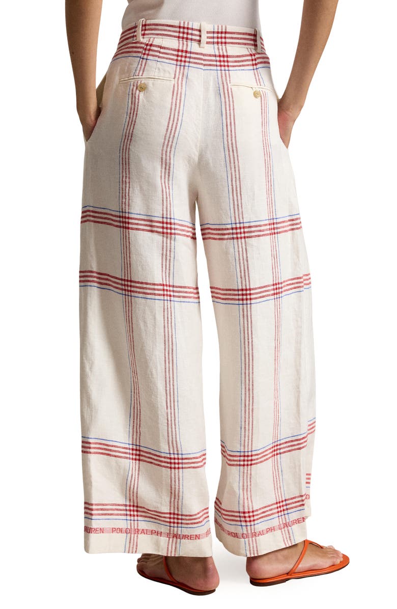 Polo Ralph Lauren Plaid Linen Crop Wide Leg Pants, Alternate, color, Cream-Red Multi