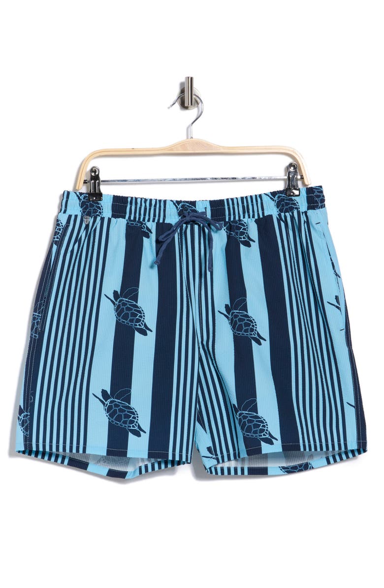 Rainforest Turtle Seersucker Swim Trunks, Main, color, Sky Blue/ Navy Blazer