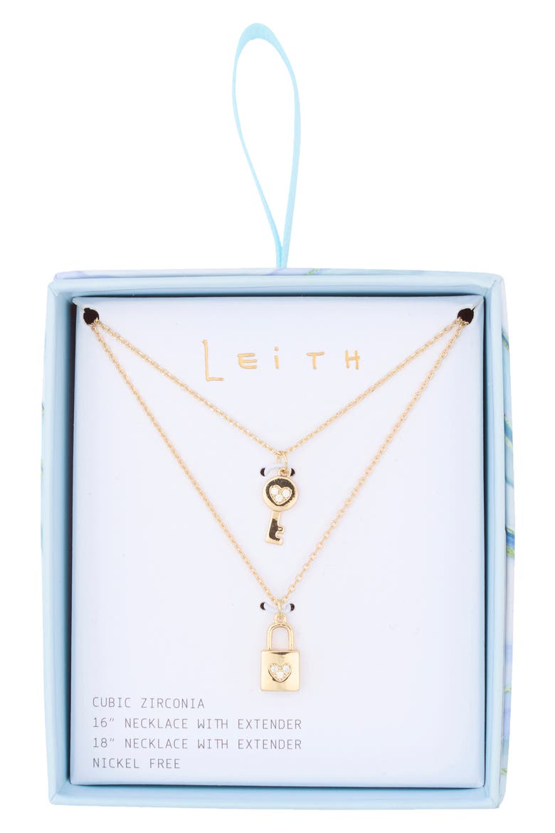 Set of 2 Lock & Key Pendant Necklaces, Main, color, CLEAR- GOLD