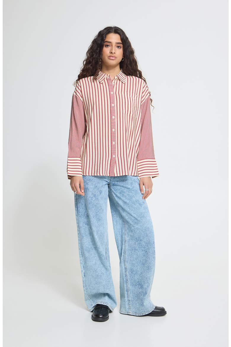 Ihlouri Striped Button Front Shirt, Alternate, color, RHODODENDRON/WHITE STRIPE