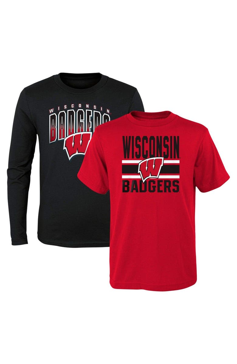 Outerstuff Preschool Black/Red Wisconsin Badgers Fan Wave Short & Long Sleeve T-Shirt Combo Pack, Main, color, Black