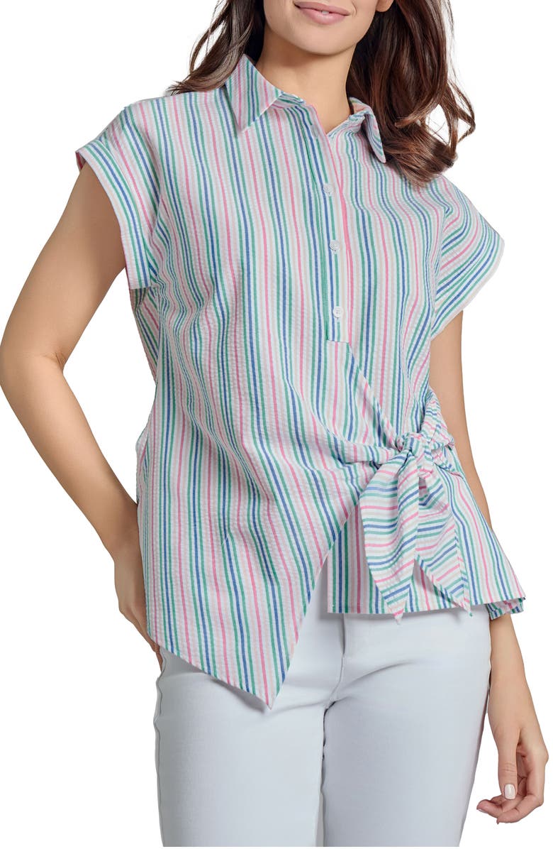 Jones New York Stripe Seersucker Faux Wrap Top, Main, color, 