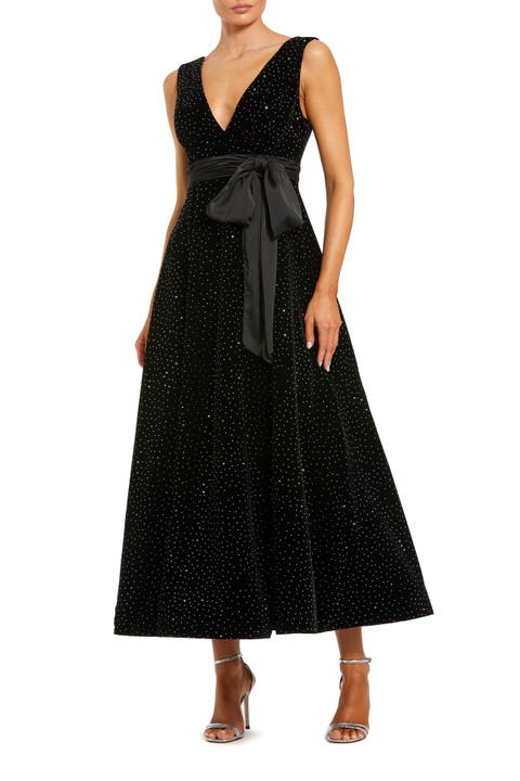 Embellished Velvet Midi Dress With Bow