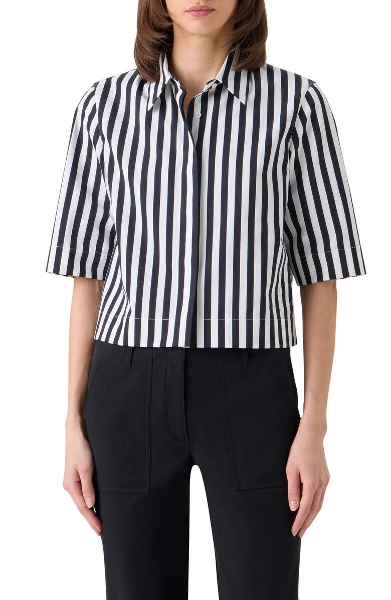 Akris punto Boxy Kodak Stripe Short Sleeve Cotton Poplin Button-Up Shirt, Main, color, Black-Cream