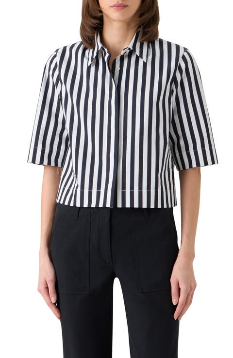 Boxy Kodak Stripe Short Sleeve Cotton Poplin Button-Up Shirt