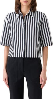 Akris punto Boxy Kodak Stripe Short Sleeve Cotton Poplin Button-Up Shirt