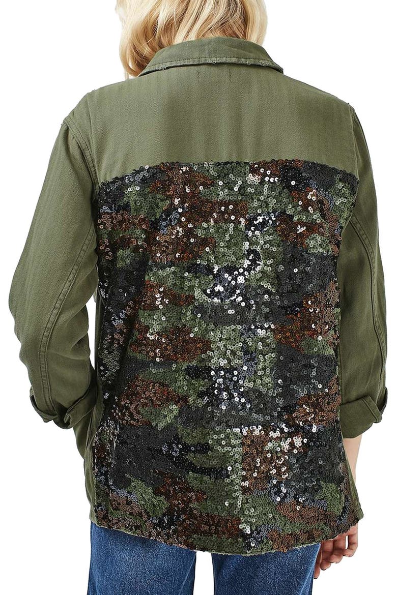 Camo Sequin Shirt Jacket, Alternate, color, OLIVE