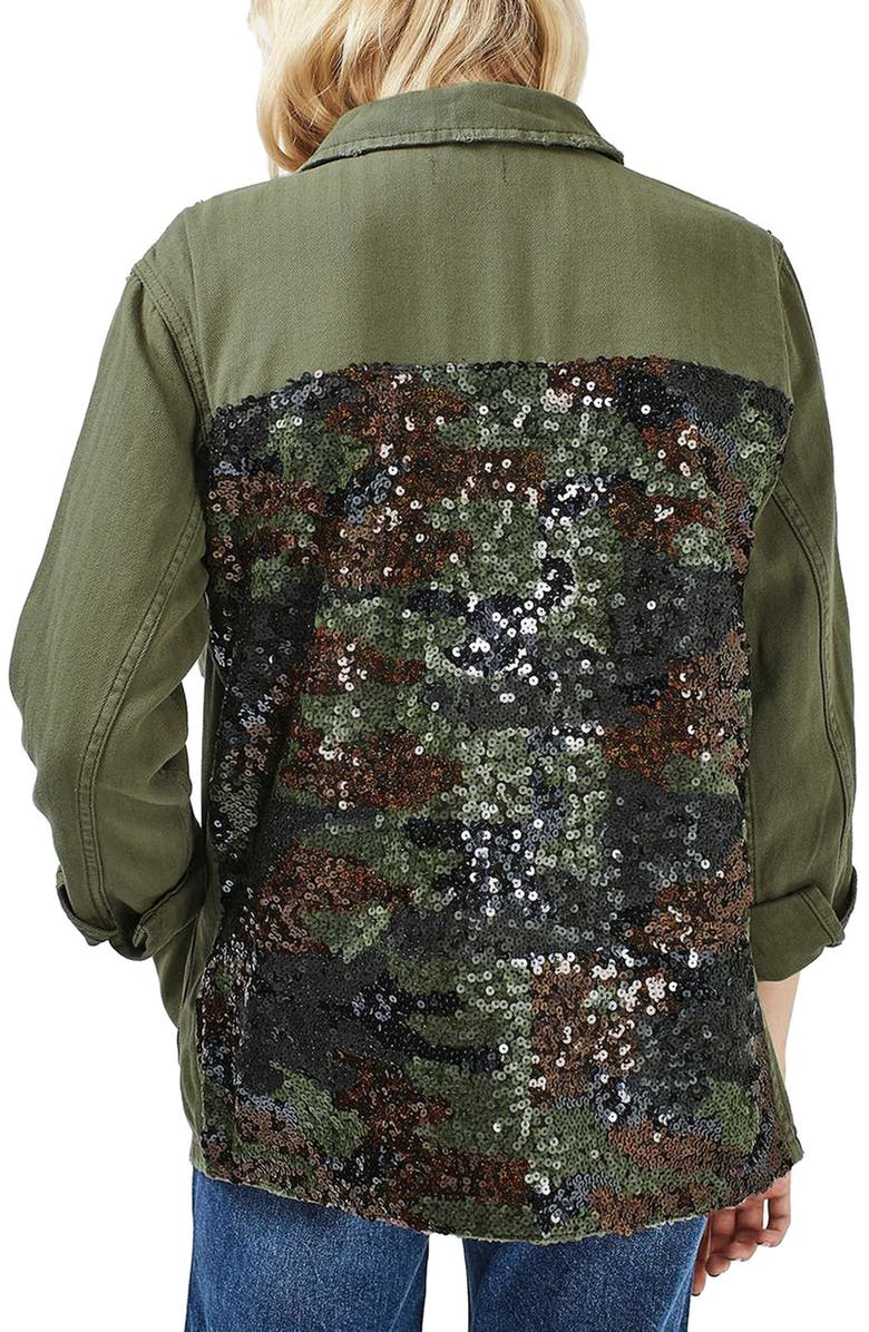 Topshop Camo Sequin Shirt Jacket, Alternate, color, 