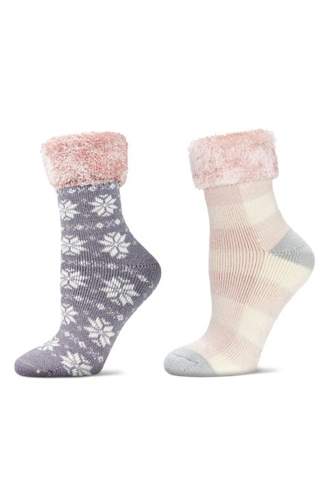 Assorted 2-Pack Faux Fur Trim Nonslip Crew Socks