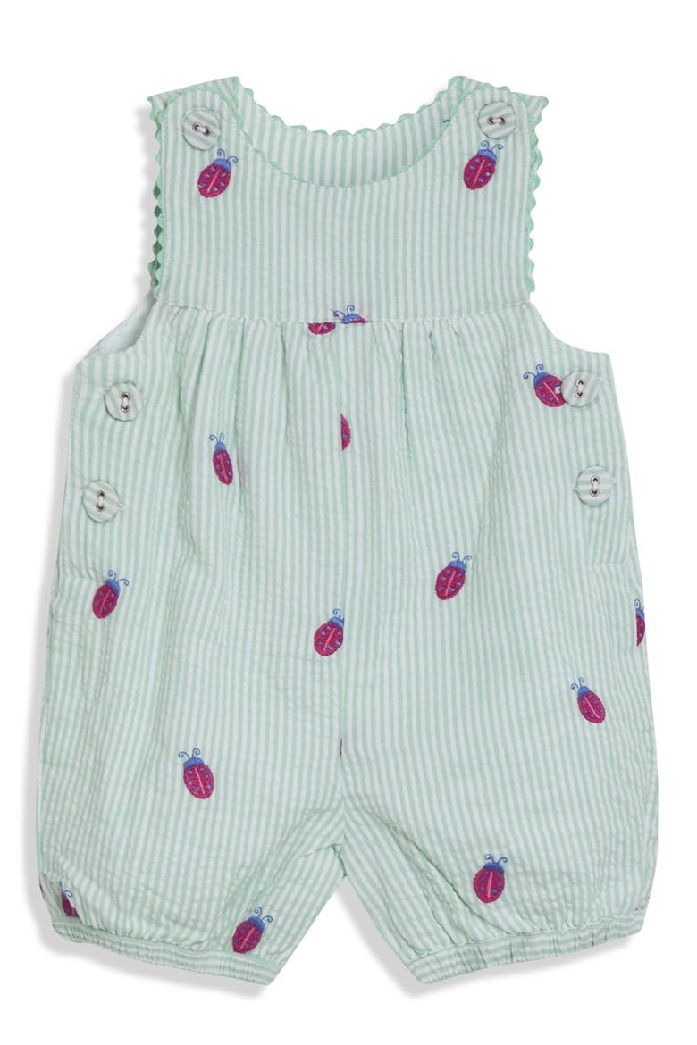 Ladybug Embroidered Cotton Seersucker Romper, Main, color, GREEN