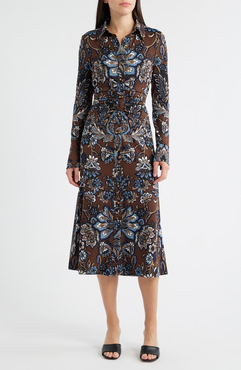 Julia Jordan Floral Print Long Sleeve Shirtdress, Main, color, Brown Multi