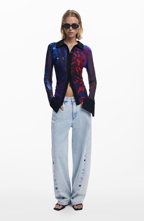 Desigual Rib Trim Mesh Button-up Shirt In Blue
