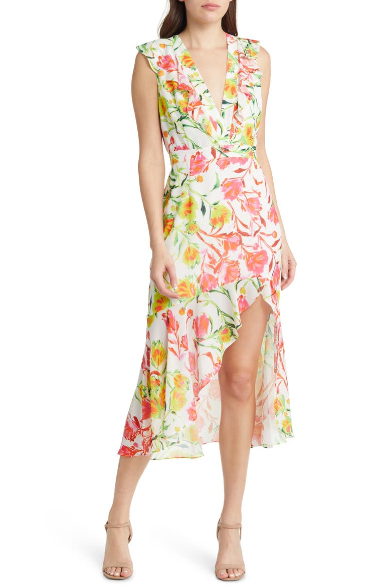 Nanci Neon Botanical Ruffle Dress, Main, color, WHITE MULTI