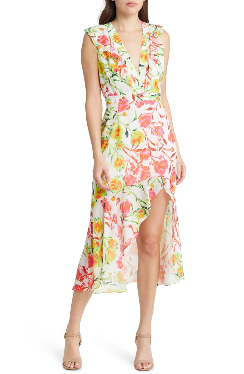 Milly Nanci Neon Botanical Ruffle Dress, Main, color, White Multi