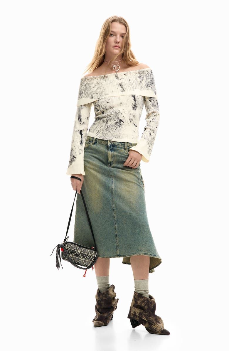 Desigual Abstract Print Off the Shoulder Sweater, Alternate, color, Anthracite Gray