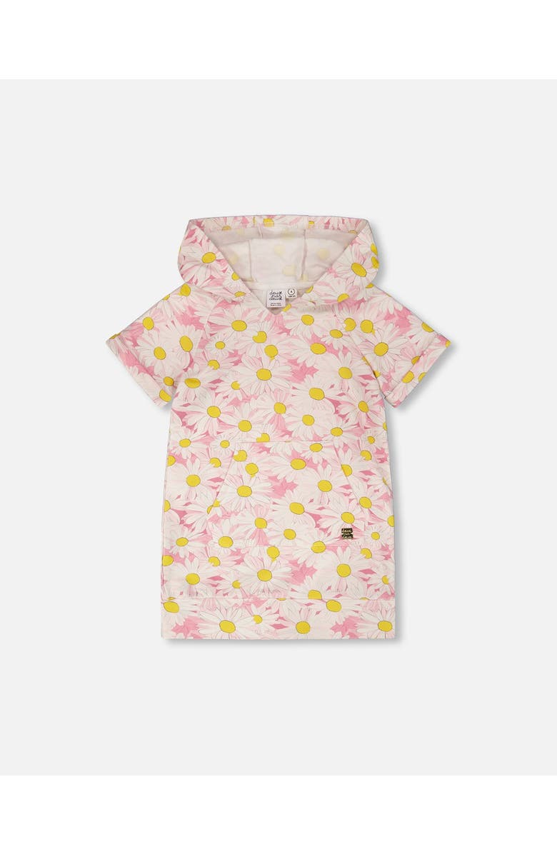 Deux par Deux Short Sleeve French Terry Hooded Daisies Dress, Main, color, Pink Printed Daisies