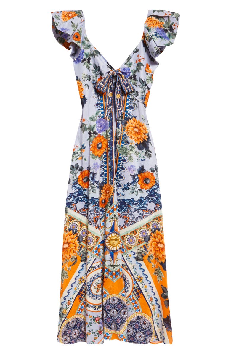 Camilla Luscious in Lisbon Tie Front Flutter Sleeve Linen & Silk Maxi Dress, Alternate, color, Luscious In Lisbon