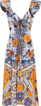 Camilla Luscious in Lisbon Tie Front Flutter Sleeve Linen & Silk Maxi Dress