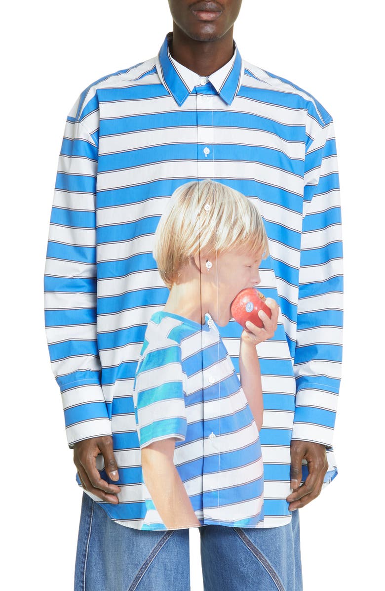 JW Anderson Stripe Boy with Apple Graphic Oversize Cotton Shirt, Main, color, 