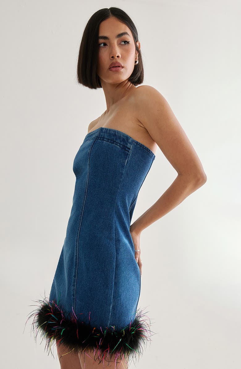 NASTY GAL Feather Hem Strapless Denim Minidress, Alternate, color, Authentic Denim