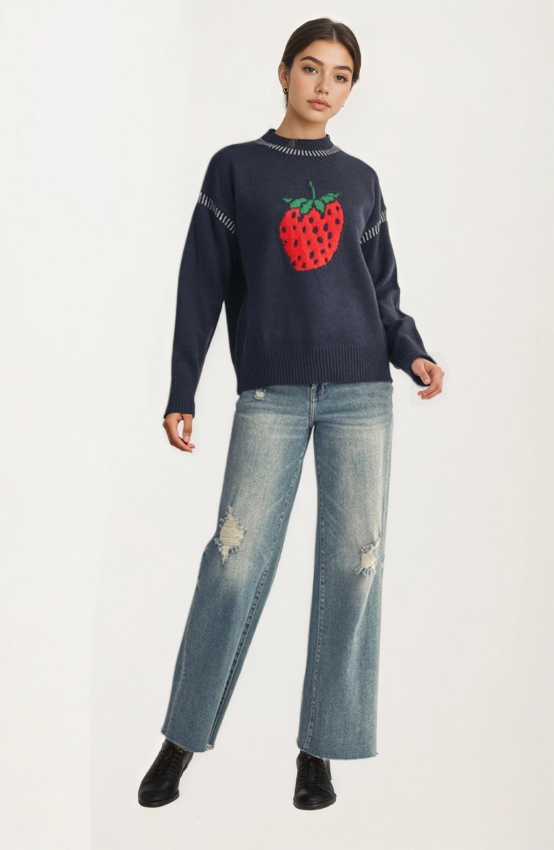 Knit and Lounge Playful Strawberry Knit Sweater with Ribbed Hem and Long Sleeves, Alternate, color, 