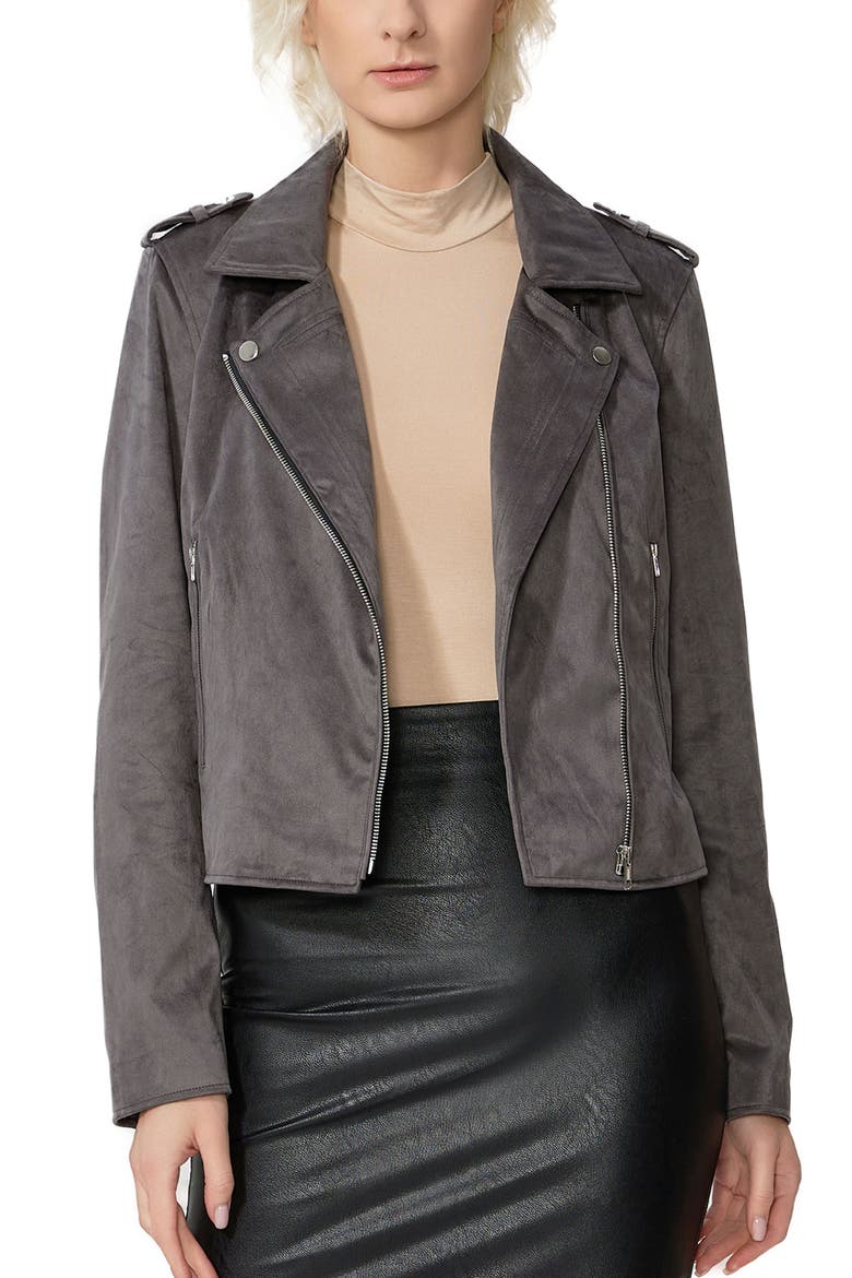 Willa Faux Suede Moto Jacket, Main, color, Dark Gray