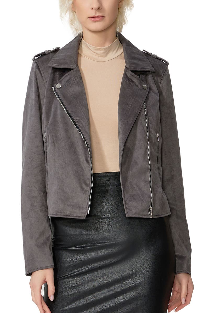 Kimi & Kai Willa Faux Suede Moto Jacket, Main, color, Dark Gray