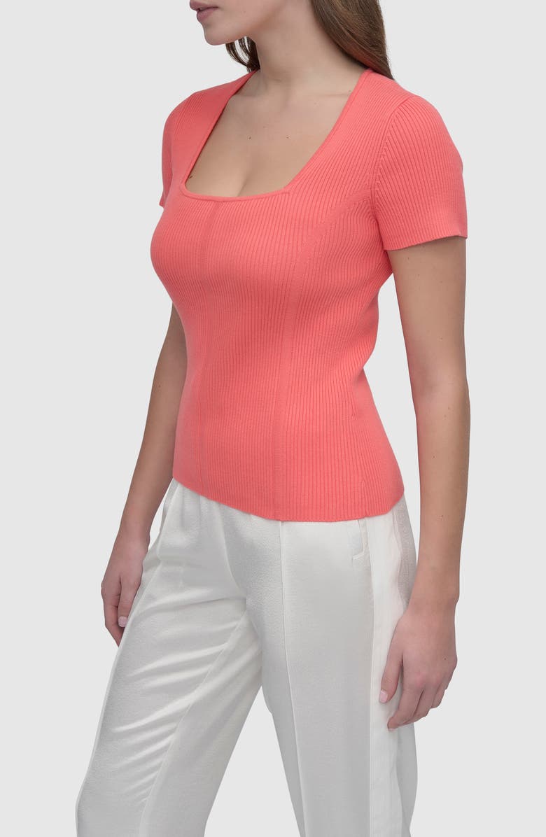 DKNY Square Neck Short Sleeve Cotton Blend Sweater, Alternate, color, Coral Crush