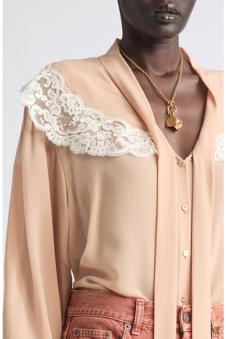 Iconic Lace Trim Silk Georgette Shirt, Alternate, color, BISCUIT PINK