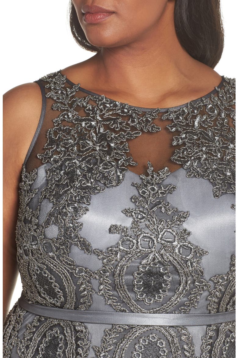 Beaded Godet Mesh Trumpet Gown, Alternate, color, CHARCOAL