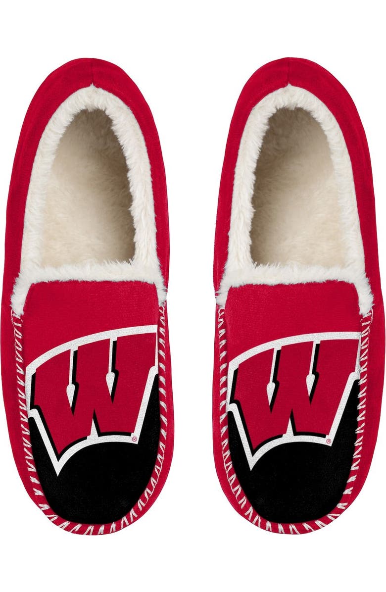 FOCO Men's FOCO Wisconsin Badgers Colorblock Moccasin Slippers, Main, color,