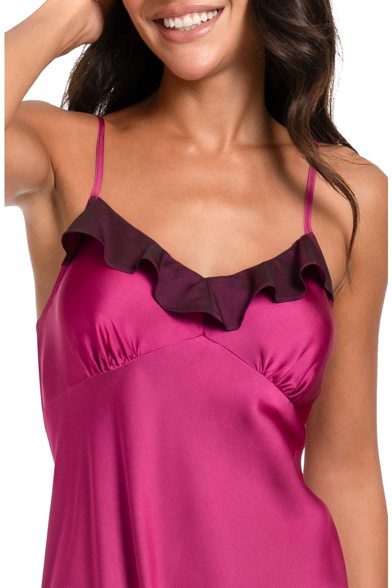 Ruffle Trim Satin Chemise & Thong Set, Alternate, color, PINK