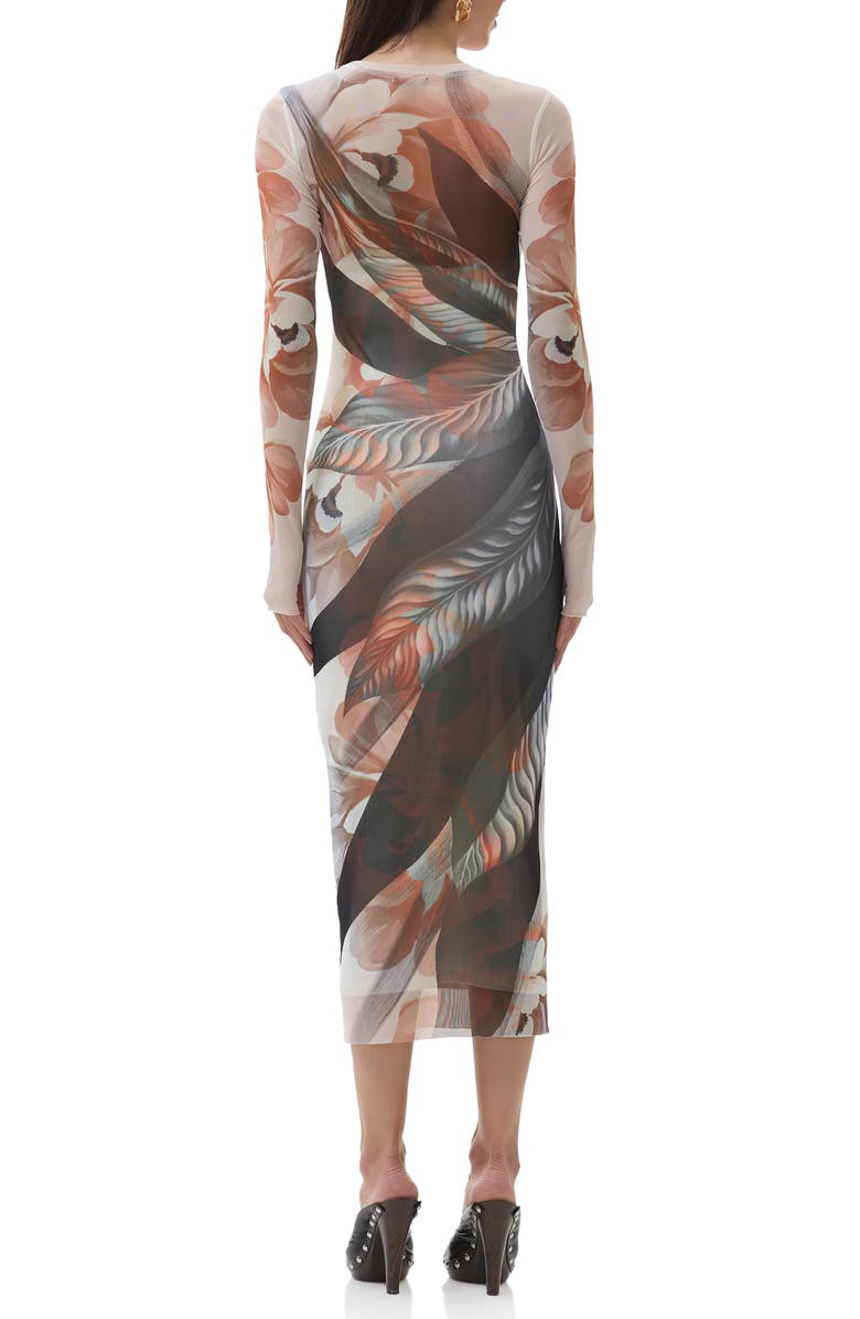 AFRM Ashland Print Long Sleeve Mesh Midi Dress, Alternate, color, Noir Leaf Lotus