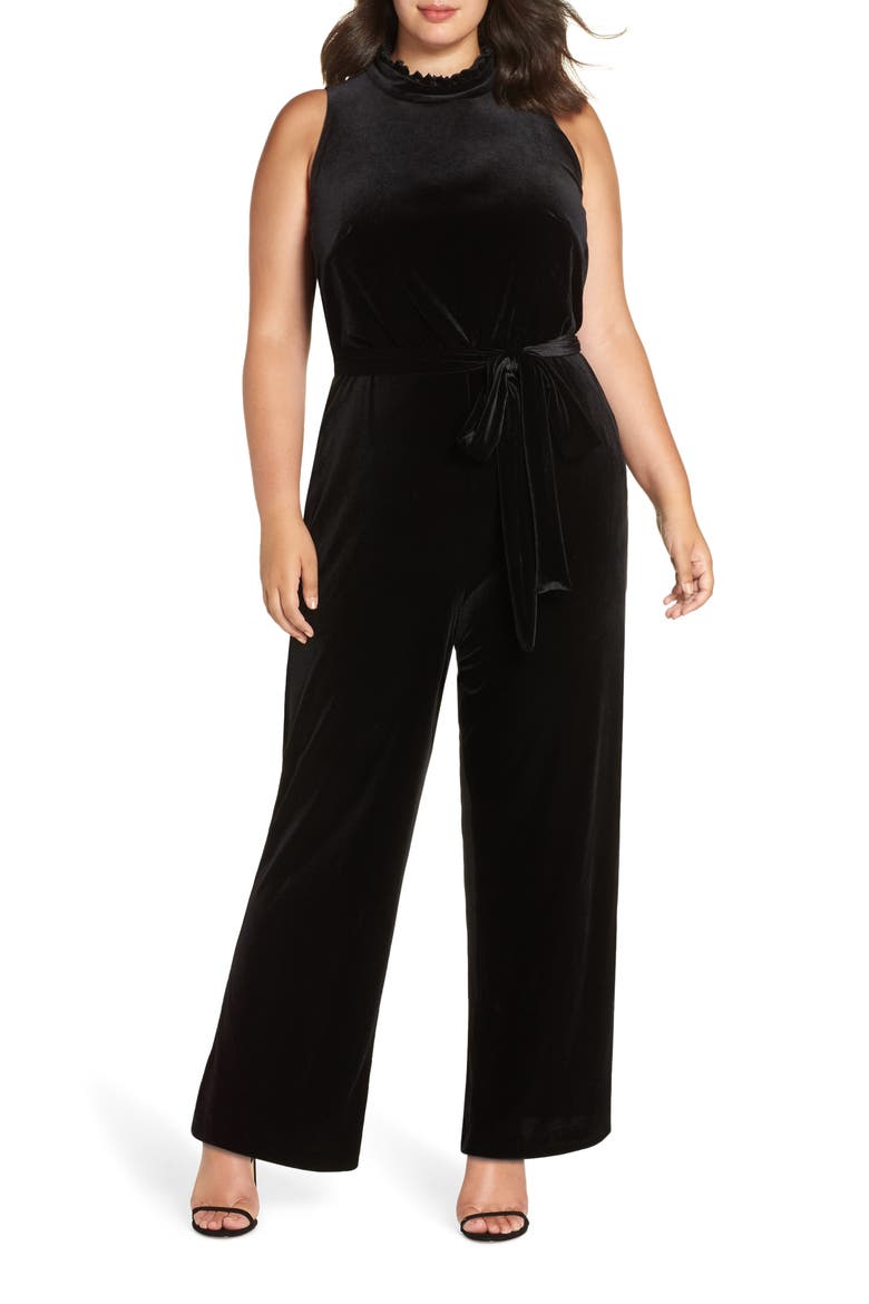 Ruffle Neck Velvet Jumpsuit, Main, color, BLACK