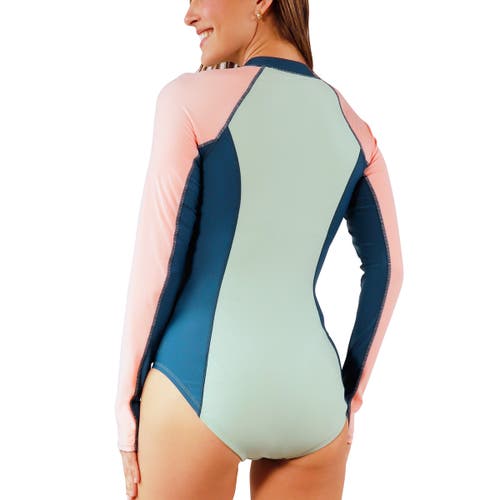 Uv Skinz Long Sleeve Half Zip Swimsuit In Frosty Green Colorblock