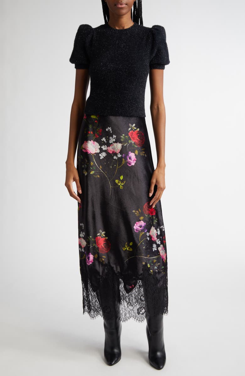 Alice + Olivia Mauve Floral Lace Trim Velvet Slip Skirt, Alternate, color,