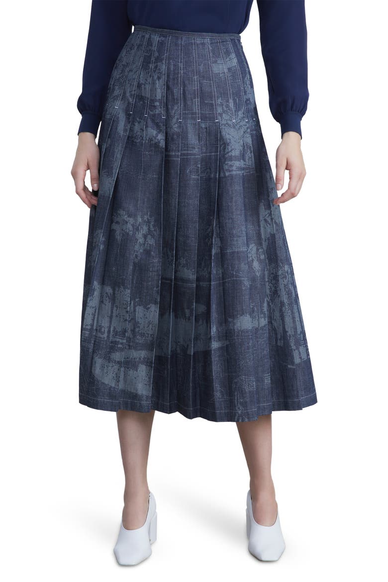 Landscape Print Pleated Nonstretch Denim Skirt, Main, color, SHIPYARD INDIGO MULTI