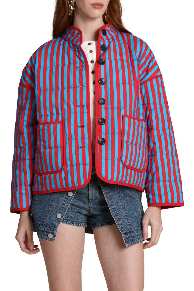 Stripe Boxy Quilted Cotton Blend Jacket, Main, color, SAILOR BLUE-TOMATO S