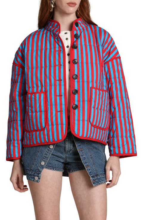 Stripe Boxy Quilted Cotton Blend Jacket