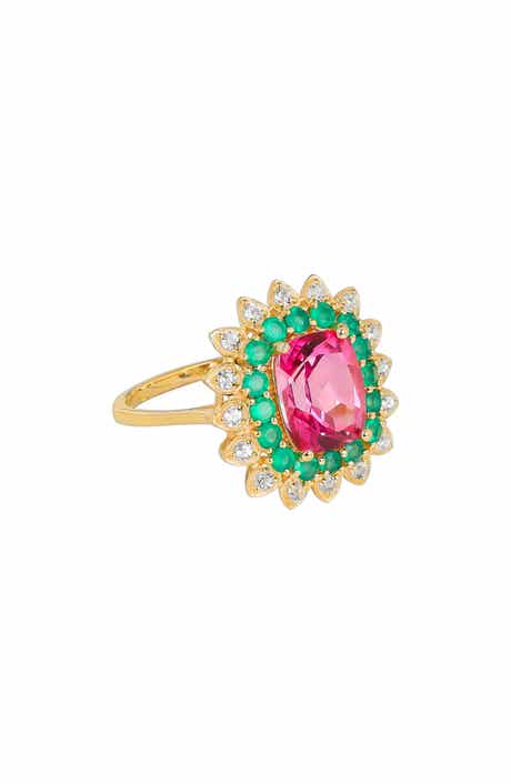 YS GEMS Pink Topaz, Green Onyx & White Topaz Ring